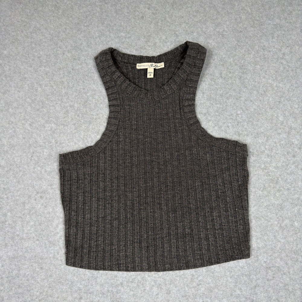 Express One Eleven Womens S Gray Ribbed High Neck Racerback Crop Tank Top